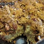 Make the streusel topping first by combining the brown sugar, pecans and cinnamon in a small bowl. Set aside. In a big bowl, beat the butter and white sugar until light and fluffy; add the eggs, one at a time, beating well after each. In a separate bowl, whisk together the dry ingredients: flour, baking powder, baking soda, nutmeg and salt. Slowly add the flour mix to the eggs and butter. Pause to add in some sour cream, then more flour, going back and forth until it's all blended. Apply nonstick spray to a 9x13-inch pan. Pour in the batter and spread to the edges. Sprinkle the streusel all over the top. Cover well with plastic wrap and chill overnight, or up to 18 hours. Preheat the oven at 350-degrees. Remove the plastic wrap. Bake the cake for 35 minutes, or until a toothpick comes out clean. Serve warm or at room temperature. !HO HO HO & OM NOM NOM!