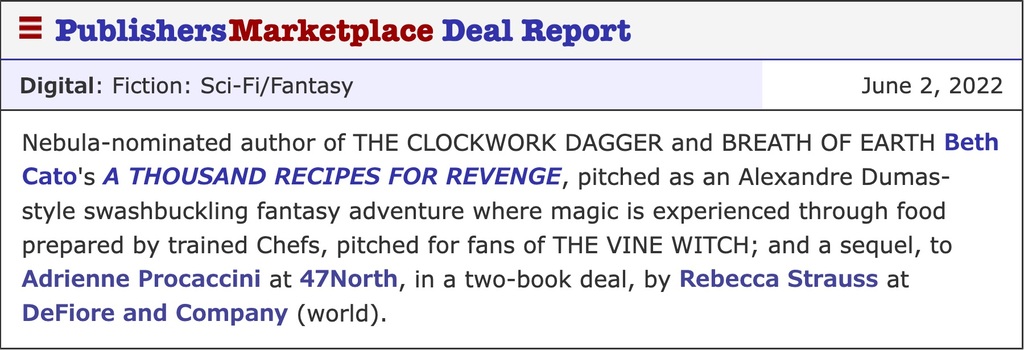 thousand recipes for revenge book deal